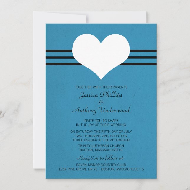 Invitación a la boda cardíaca moderna, azul (Anverso)