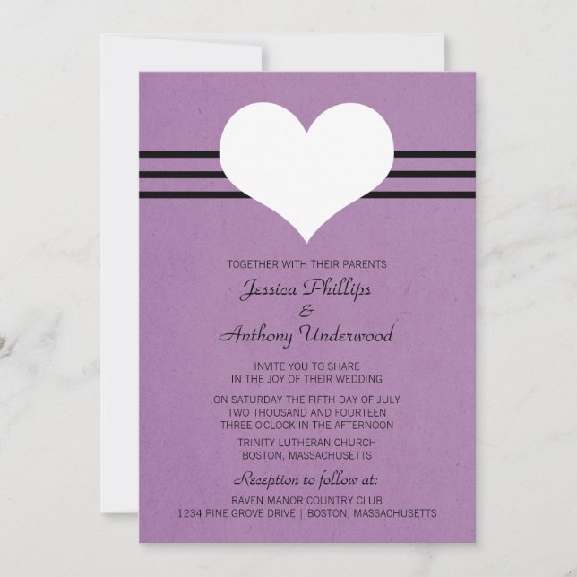 Invitación a la boda cardíaca moderna, morada (Anverso)