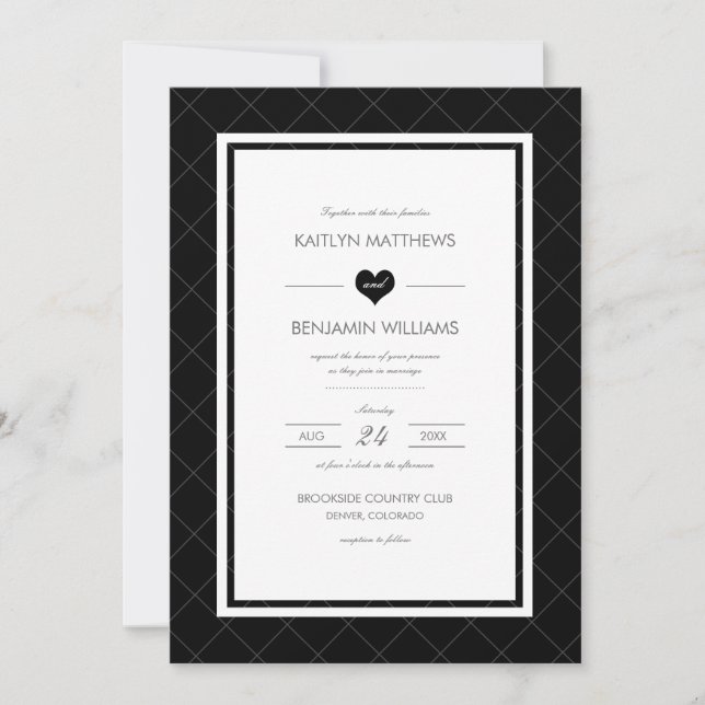 Invitación a la boda cardíaca moderna - negro y bl (Anverso)