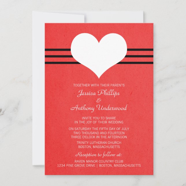 Invitación a la boda cardíaca moderna, rojo (Anverso)