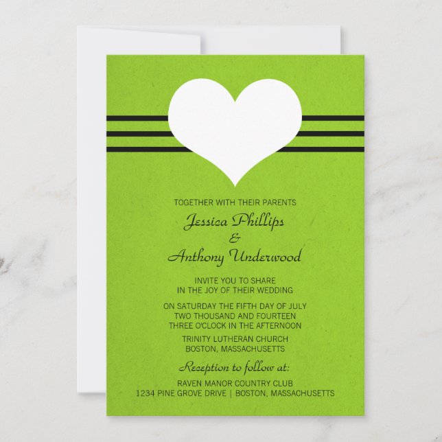 Invitación a la boda cardíaca moderna, verde (Anverso)