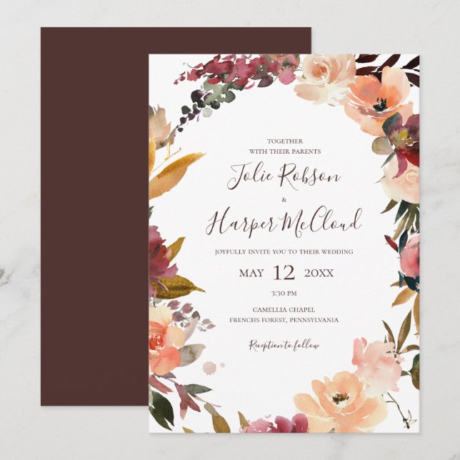 Invitación a la Boda Casual Floral Naranja de Borg (Anverso / Reverso)