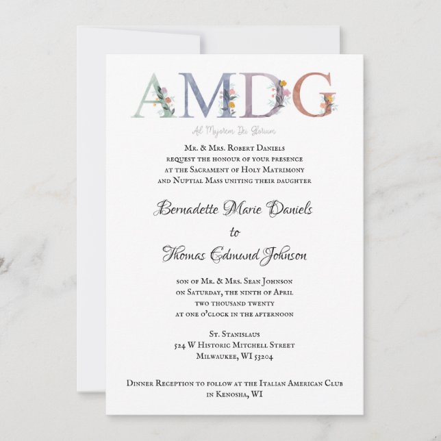 Invitación a la boda católica AMDG (Anverso)