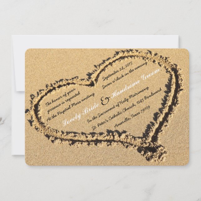 Invitación a la boda católica de Sand Beach Heart  (Anverso)