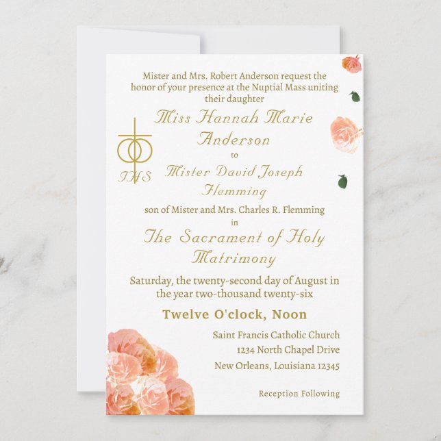 Invitación a la boda católica de Terracotta Rosa (Anverso)
