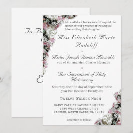 Invitación a la boda católica floral rosa y blanca