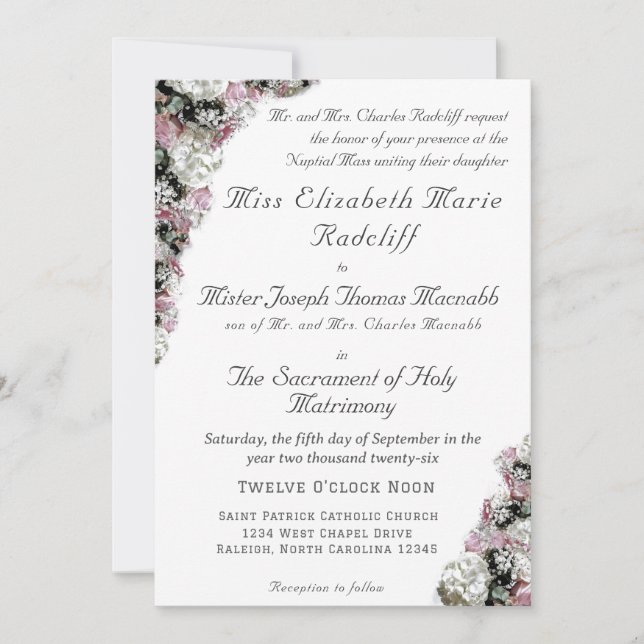 Invitación a la boda católica floral rosa y blanca (Anverso)