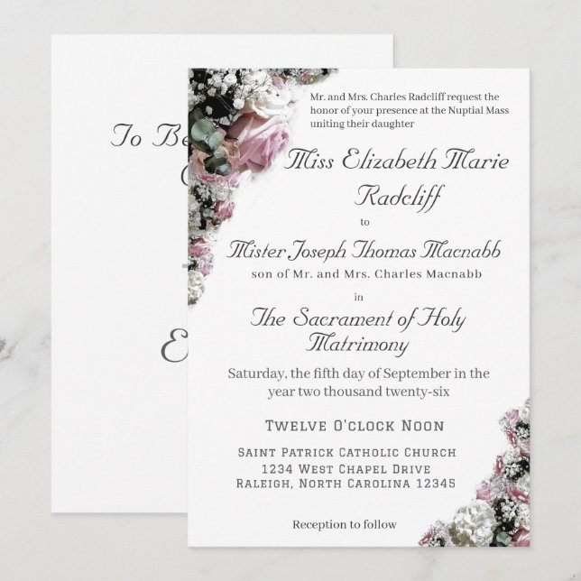Invitación a la boda católica floral rosa y blanca (Anverso / Reverso)
