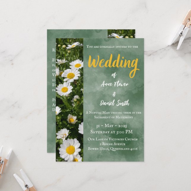 Invitación a la boda católica verde moderna (Anverso/Reverso In Situ)