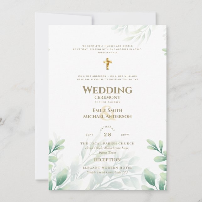 Invitación a la boda católica Verdor Botánico (Anverso)