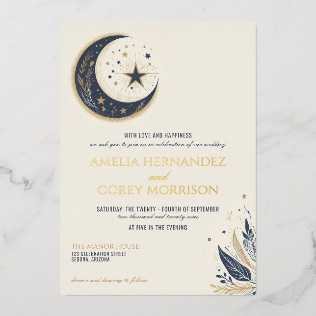 Invitación a la Boda Celestial Azul y Oro (Anverso)