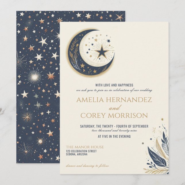 Invitación a la Boda Celestial Azul y Oro (Anverso / Reverso)