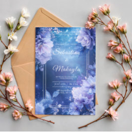 Invitación a la boda celestial con flores púrpura