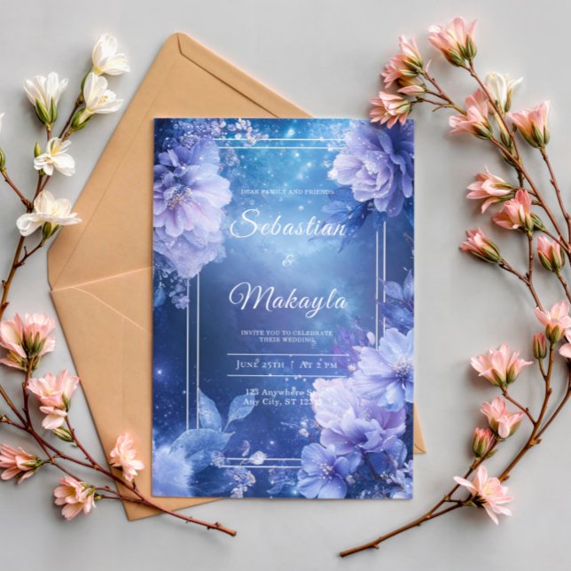 Invitación a la boda celestial con flores púrpura (Subido por el creador)