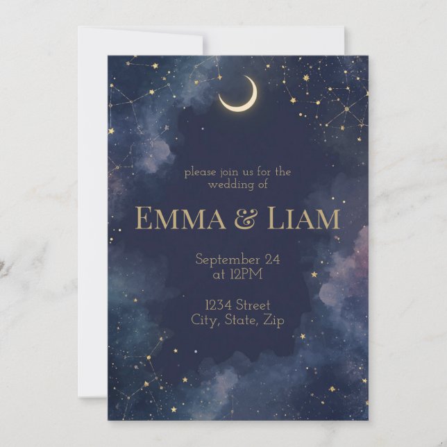 Invitación a la boda celestial oscura | Luna creci (Anverso)