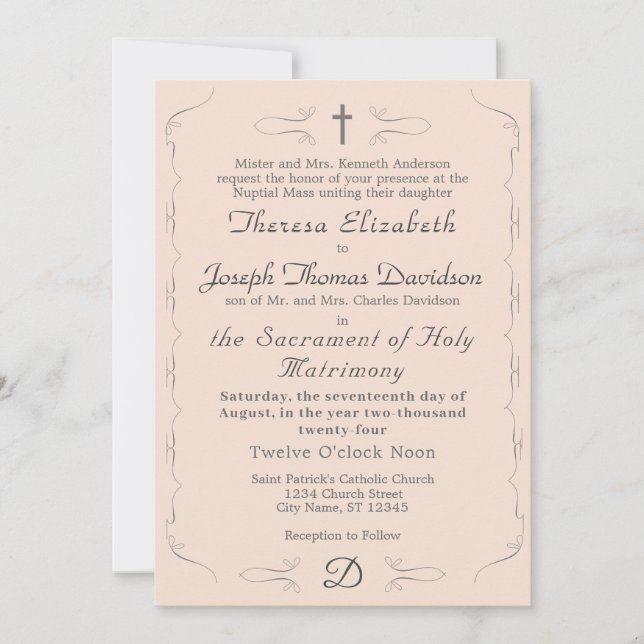 Invitación a la boda champagne-rosada católica (Anverso)