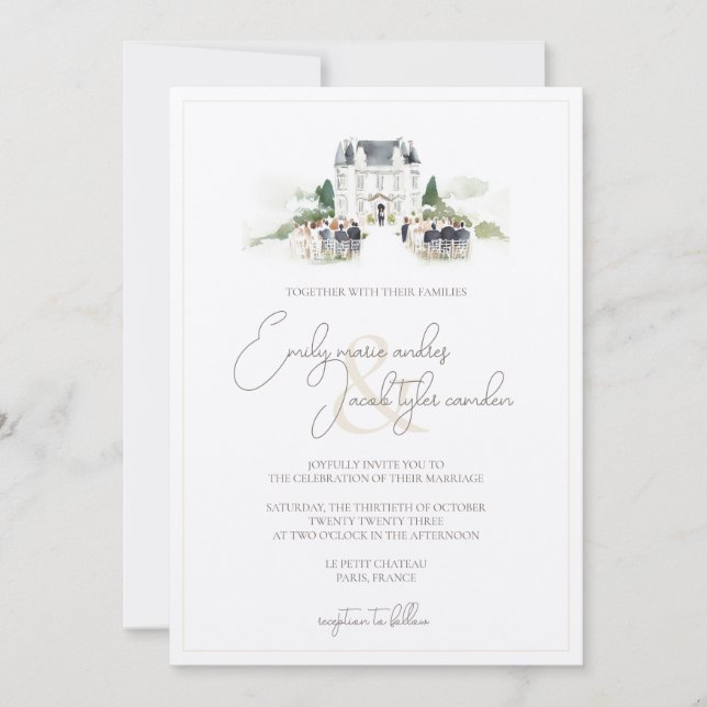 Invitación a la boda - Chateau francés en acuarela (Anverso)