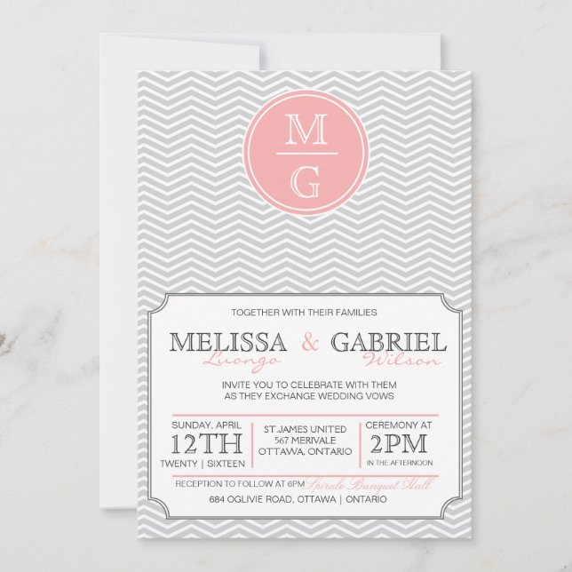 Invitación a la boda Chevron moderna rosa (Anverso)