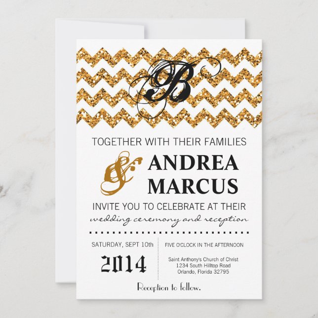 Invitación a la boda Chevron Purpurina de oro mode (Anverso)