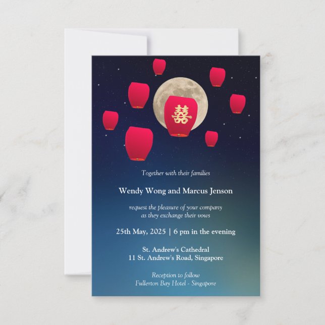 Invitación a la boda china con linternas de deseo  (Anverso)