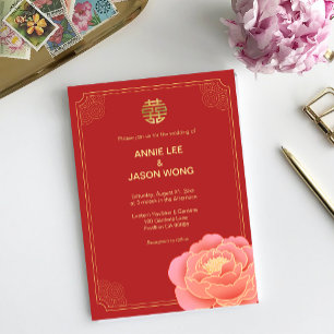 Invitación a la boda china Gold Peony Double Xi