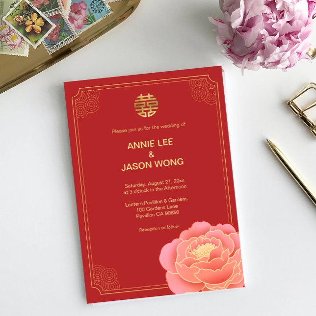 Invitación a la boda china Gold Peony Double Xi (Subido por el creador)
