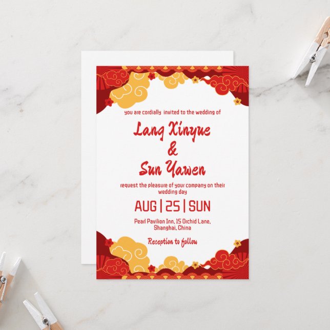 invitación a la boda china moderna de oro (Anverso/Reverso In Situ)