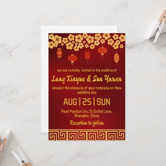 invitación a la boda china moderna de oro (Anverso/Reverso In Situ)