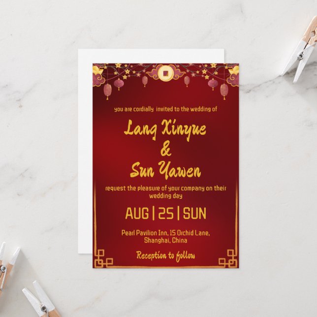 invitación a la boda china moderna de oro (Anverso/Reverso In Situ)