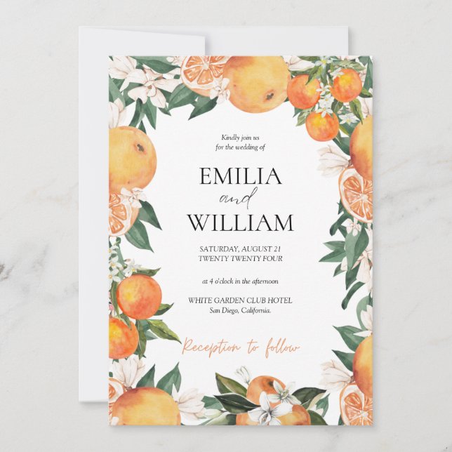 Invitación a la boda cítrica de naranjas (Anverso)
