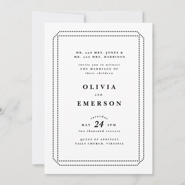 Invitación a la boda clásica blanca y negra, forma (Anverso)