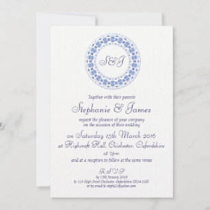 Invitación a la boda clásica China azul personaliz