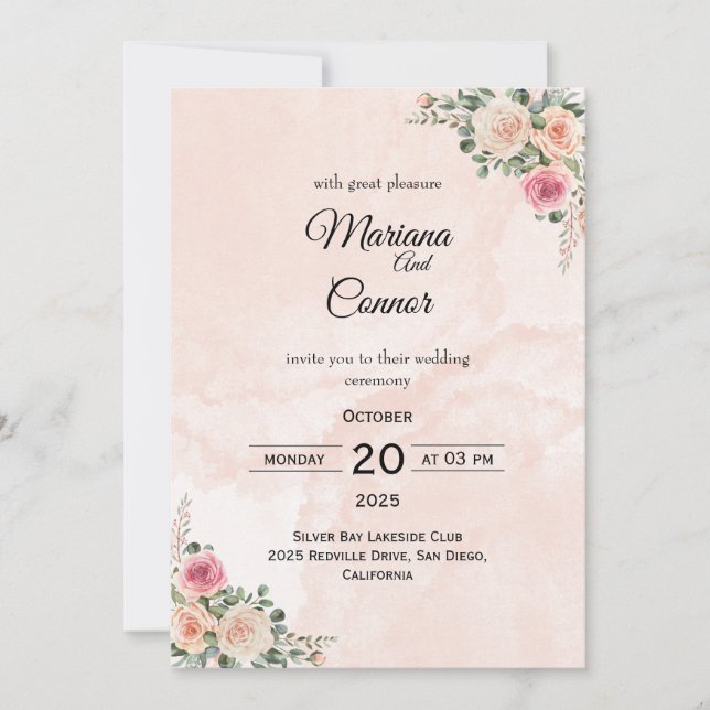 Invitación a la boda clásica con flores de crema r (Anverso)