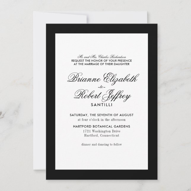 Invitación a la boda clásica de borde blanco y neg (Anverso)