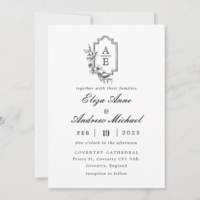 Invitación a la boda clásica de monograma negro de (Anverso)