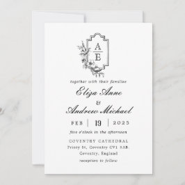 Invitación a la boda clásica de monograma negro de