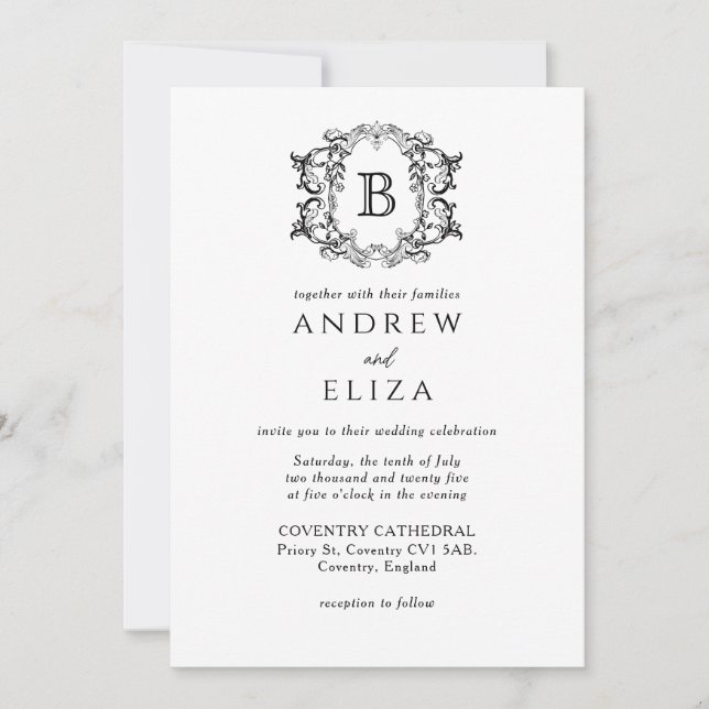 Invitación a la boda clásica de monograma negro de (Anverso)