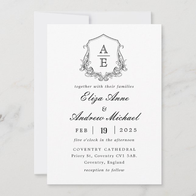 Invitación a la boda clásica de monograma negro de (Anverso)