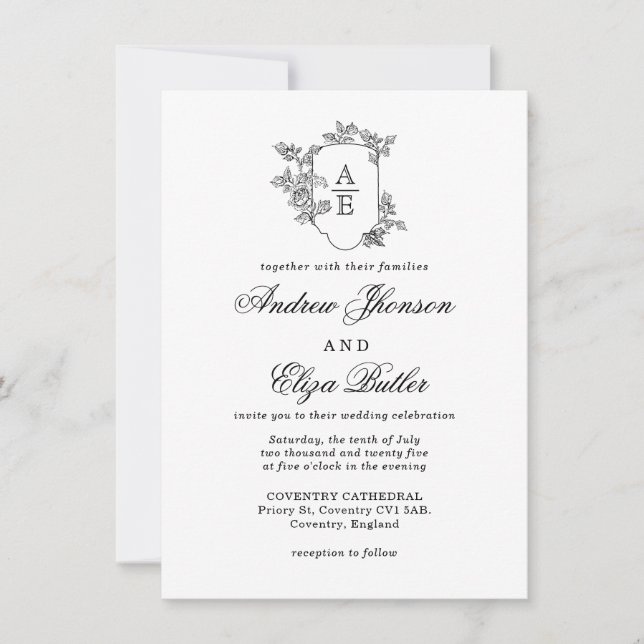 Invitación a la boda clásica de monograma negro de (Anverso)