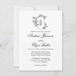 Invitación a la boda clásica de monograma negro de