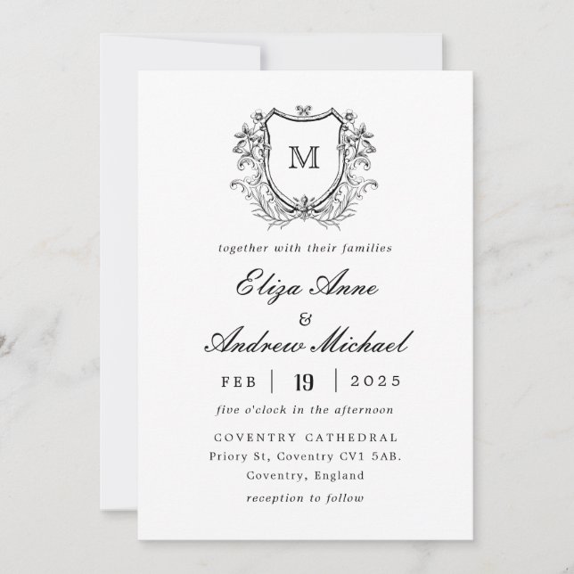 Invitación a la boda clásica de monograma negro de (Anverso)