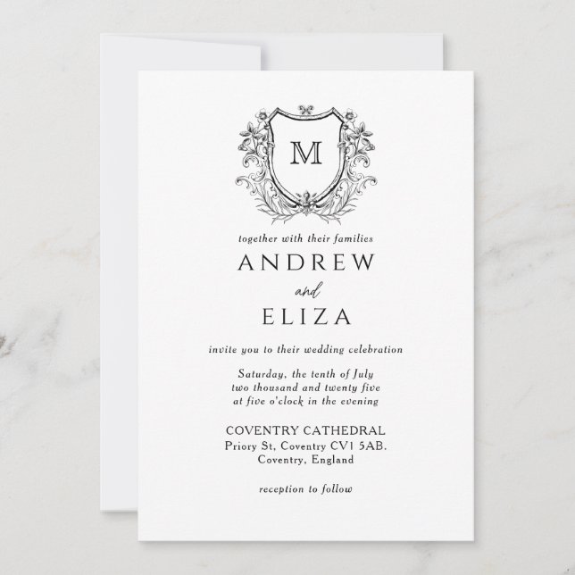 Invitación a la boda clásica de monograma negro de (Anverso)