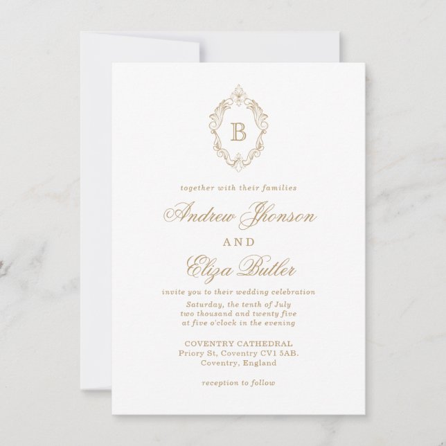 Invitación a la boda clásica de oro en oro (Anverso)