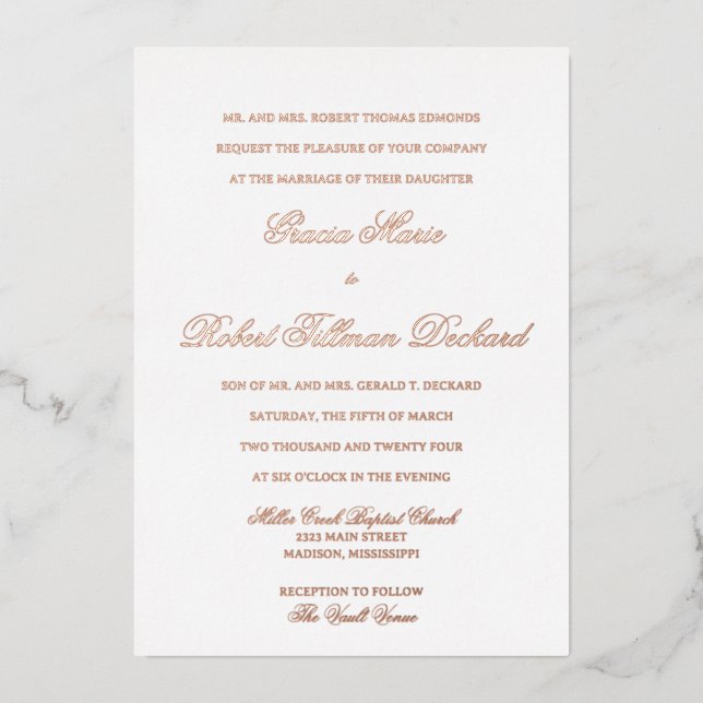 Invitación a la boda clásica de Relieve metalizado (Anverso)