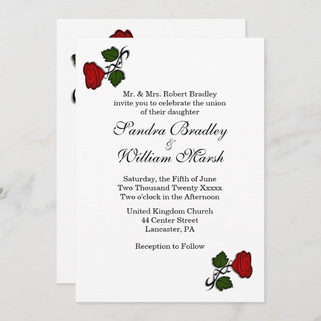 Invitación a la boda clásica de Rosas Rojas (Anverso / Reverso)