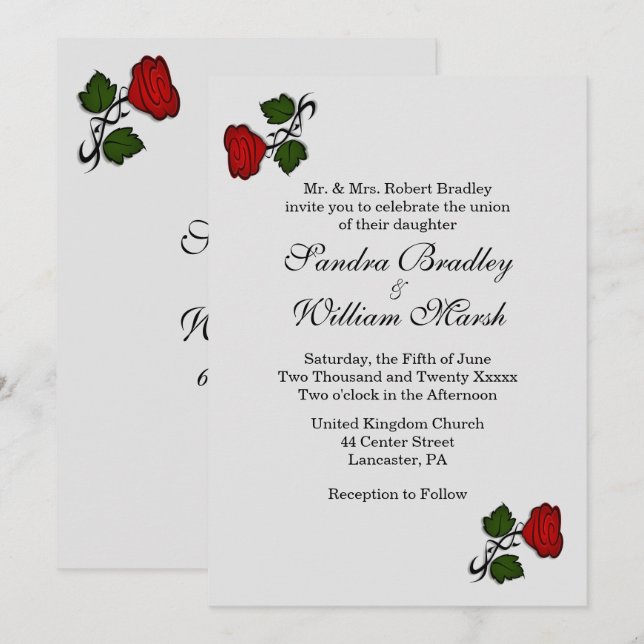 Invitación a la boda clásica de Rosas Rojas (Anverso / Reverso)