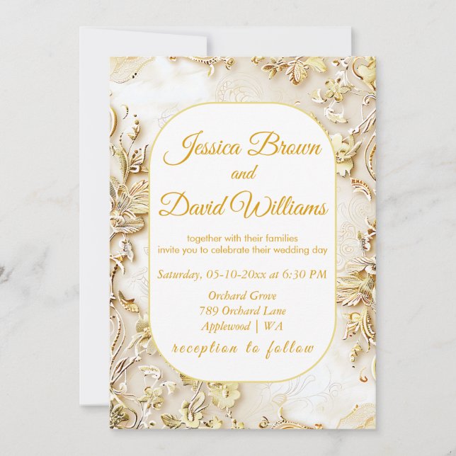 Invitación a la boda clásica en flor dorada (Anverso)