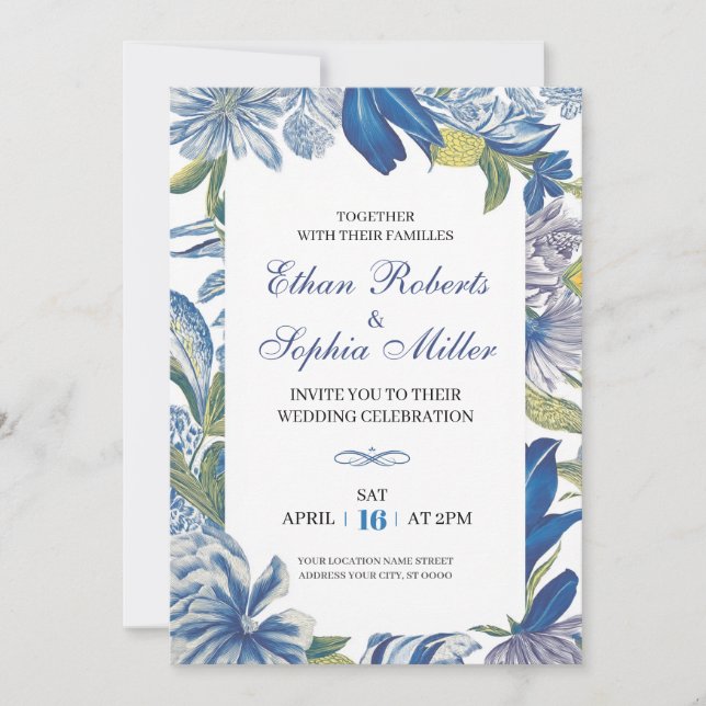 Invitación a la Boda Clásica Floral Azul (Anverso)