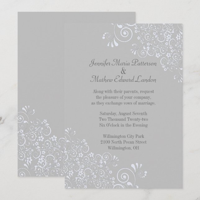 Invitación a la boda clásica gris y blanca de moda (Anverso / Reverso)