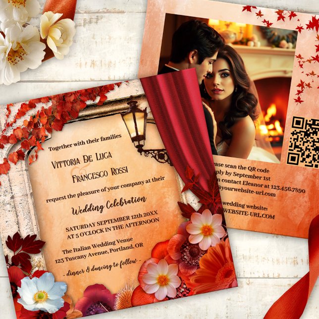 Invitación a la boda clásica italiana de otoño (Romantic all-in-one fall wedding invitation showing flowers in classic Italian with a lantern)